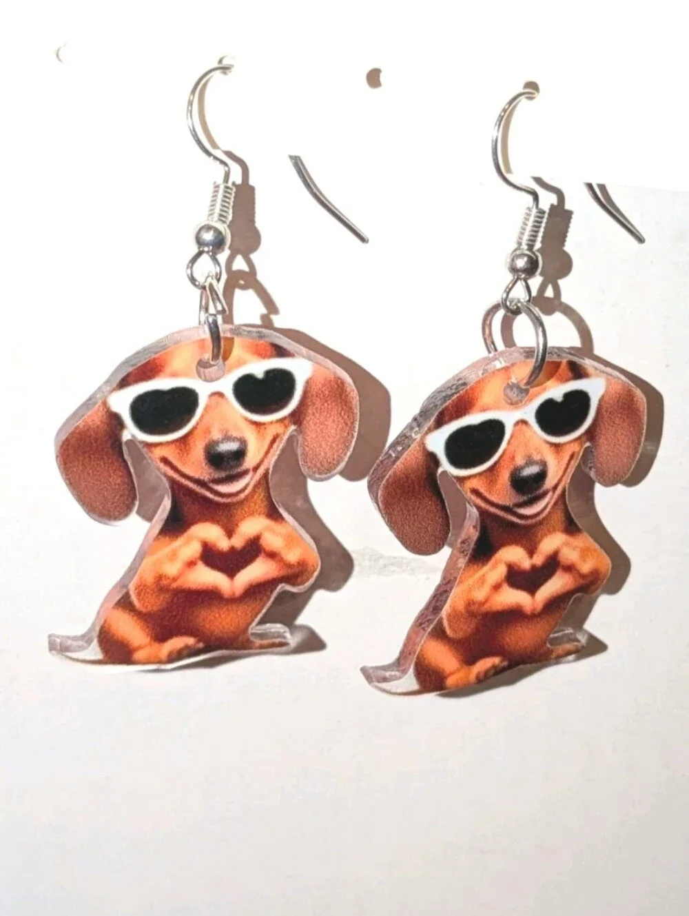 Hand Crafted Orange Dachshund Earrings with White Sunglasses